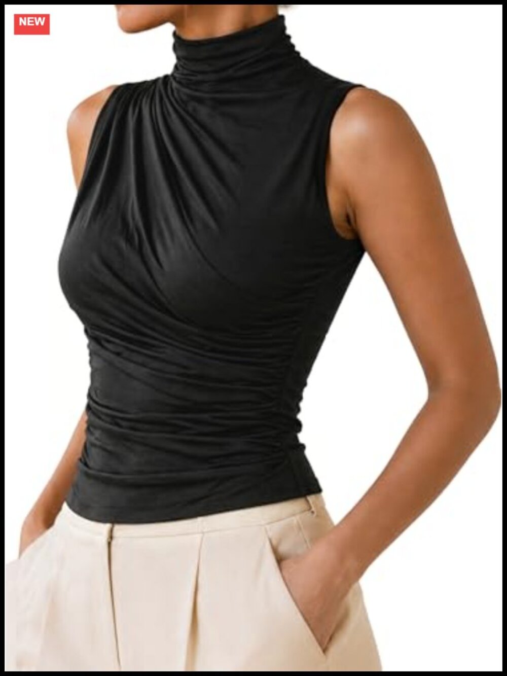 Mock Neck Ruched Sleeveless Tank Top Slim Fit Stretch Office